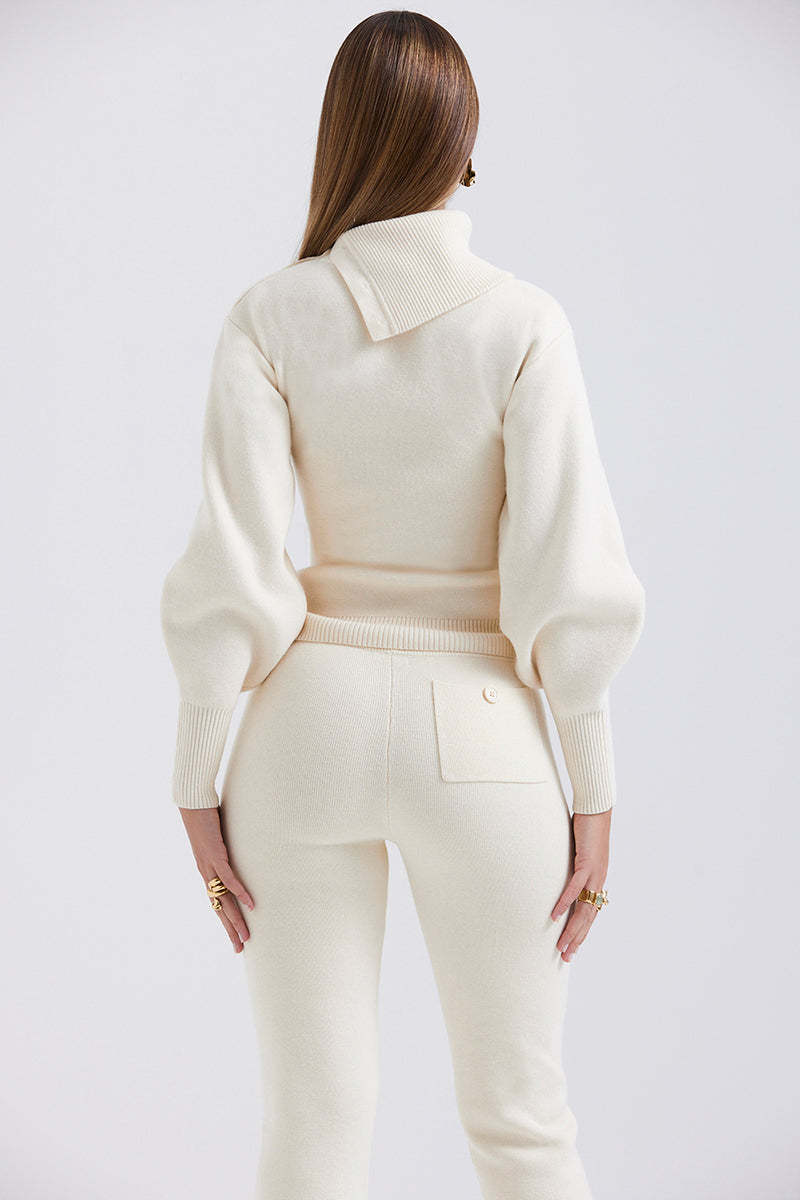 Irregular Folded Stand Collar Lantern Sleeve Sweater Plain Pants Matching Set-Beige