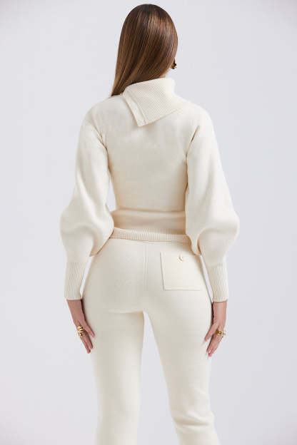 Irregular Folded Stand Collar Lantern Sleeve Sweater Plain Pants Matching Set-Beige