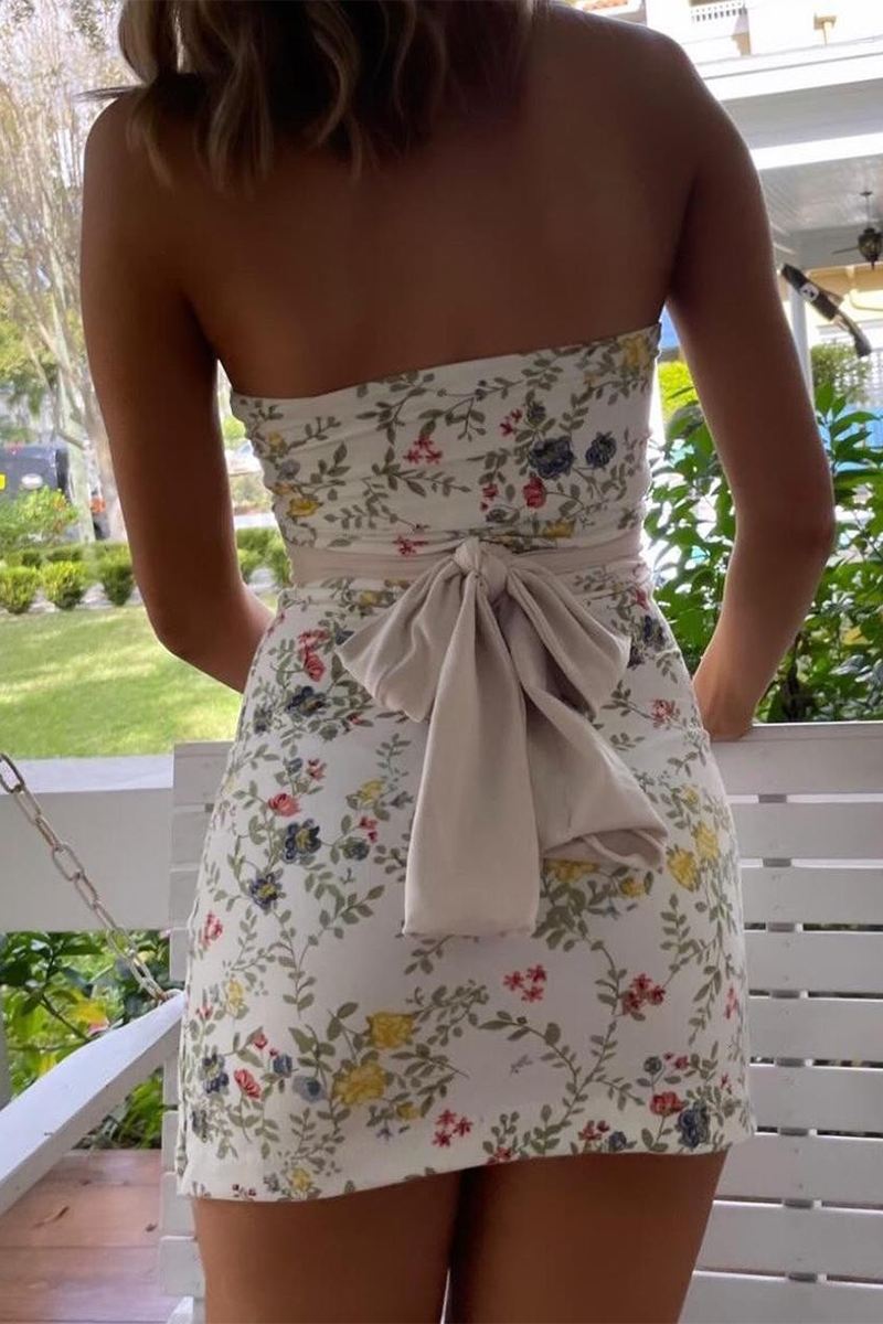 Ditsy Floral Print Back Tie Up Bow Slim Fit Mini Tube Dresses-White