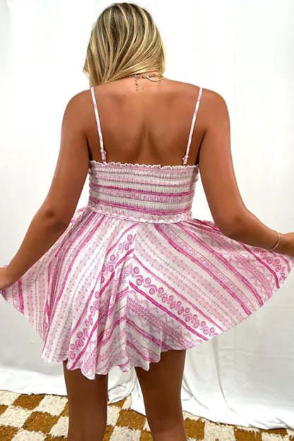 Tribal Print Ruffle Pleated Hem Ruched Vacation Slip Mini Dresses