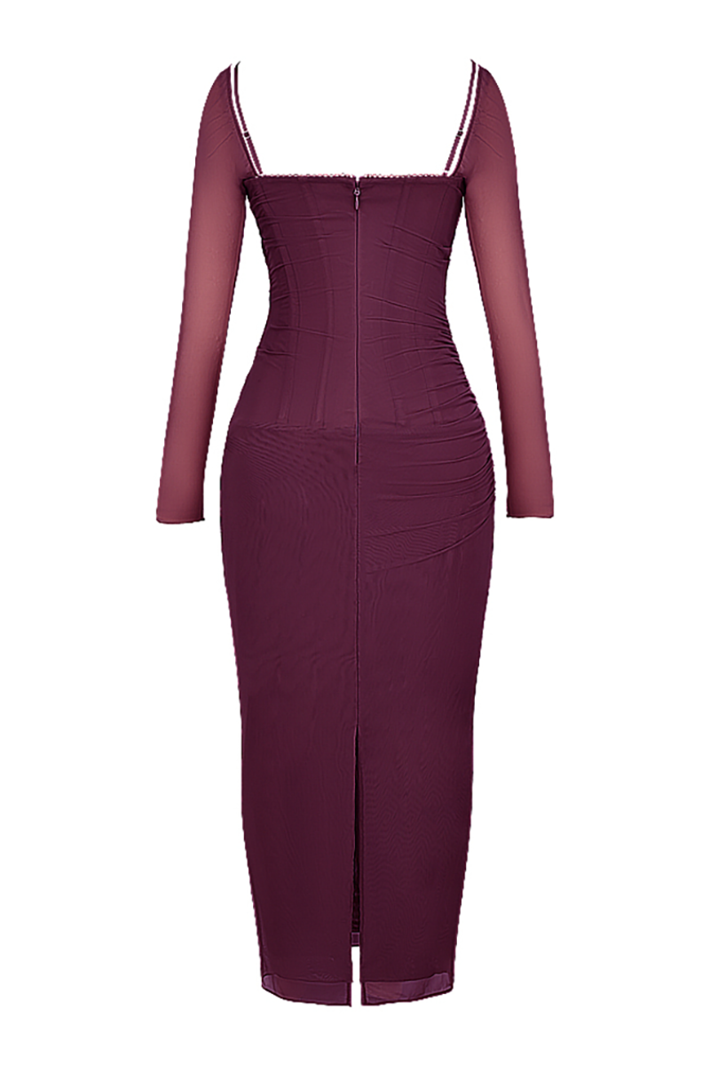 Lace Trim Corset Long Sleeve Bodycon Back Slit Maxi Dresses-Burgundy