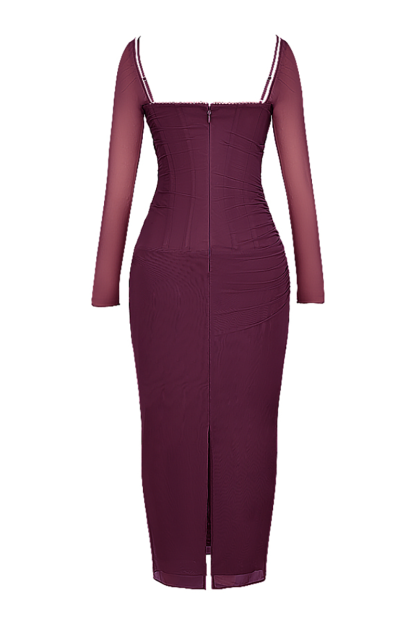 Lace Trim Corset Long Sleeve Bodycon Back Slit Maxi Dresses-Burgundy