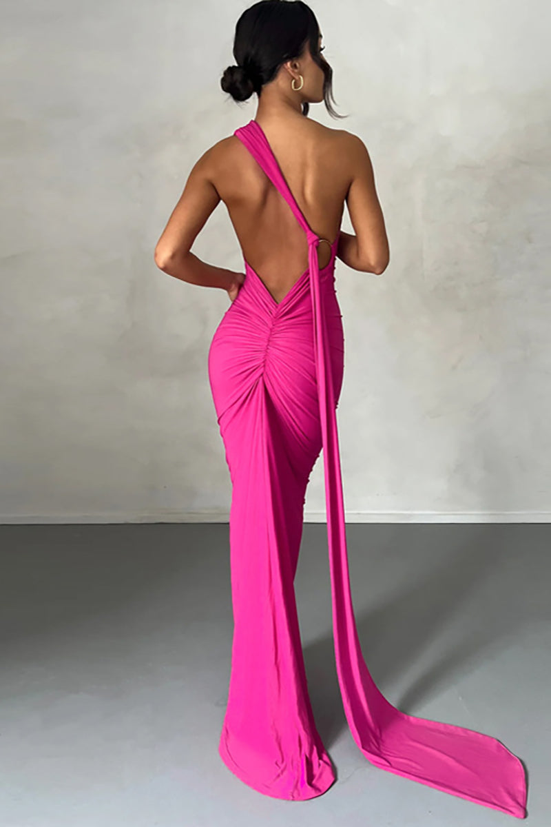 One Shoulder Sleeveless Sash Ring Decor Ruched Backless Elegant Evening Gown White Maxi Dresses