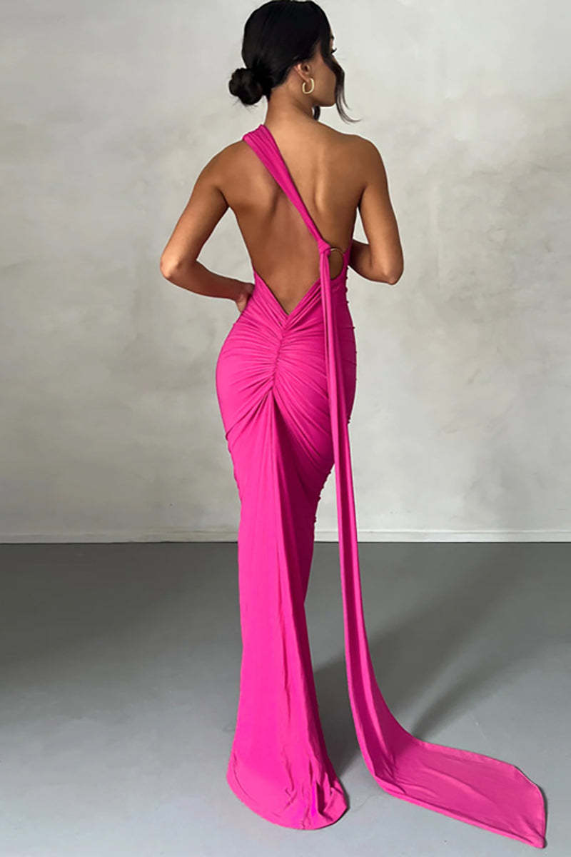 One Shoulder Sleeveless Sash Ring Decor Ruched Backless Elegant Evening Gown White Maxi Dresses