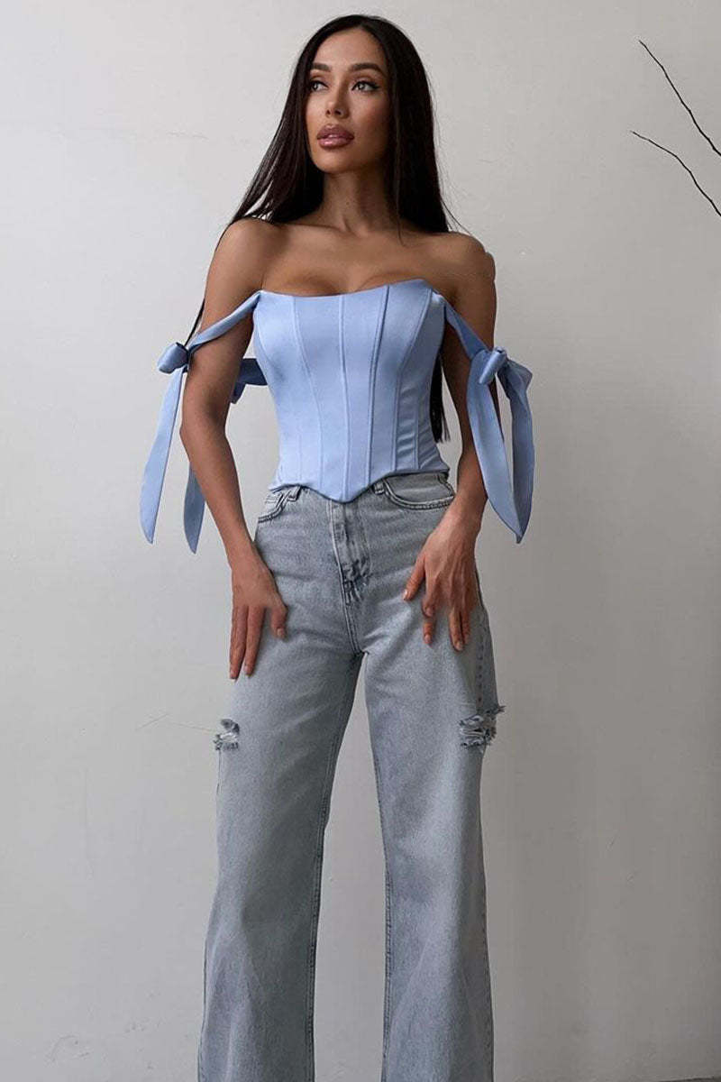 Off Shoulder Ribbon Decor Asymmetric Hem Party Plain Corset Top-Blue