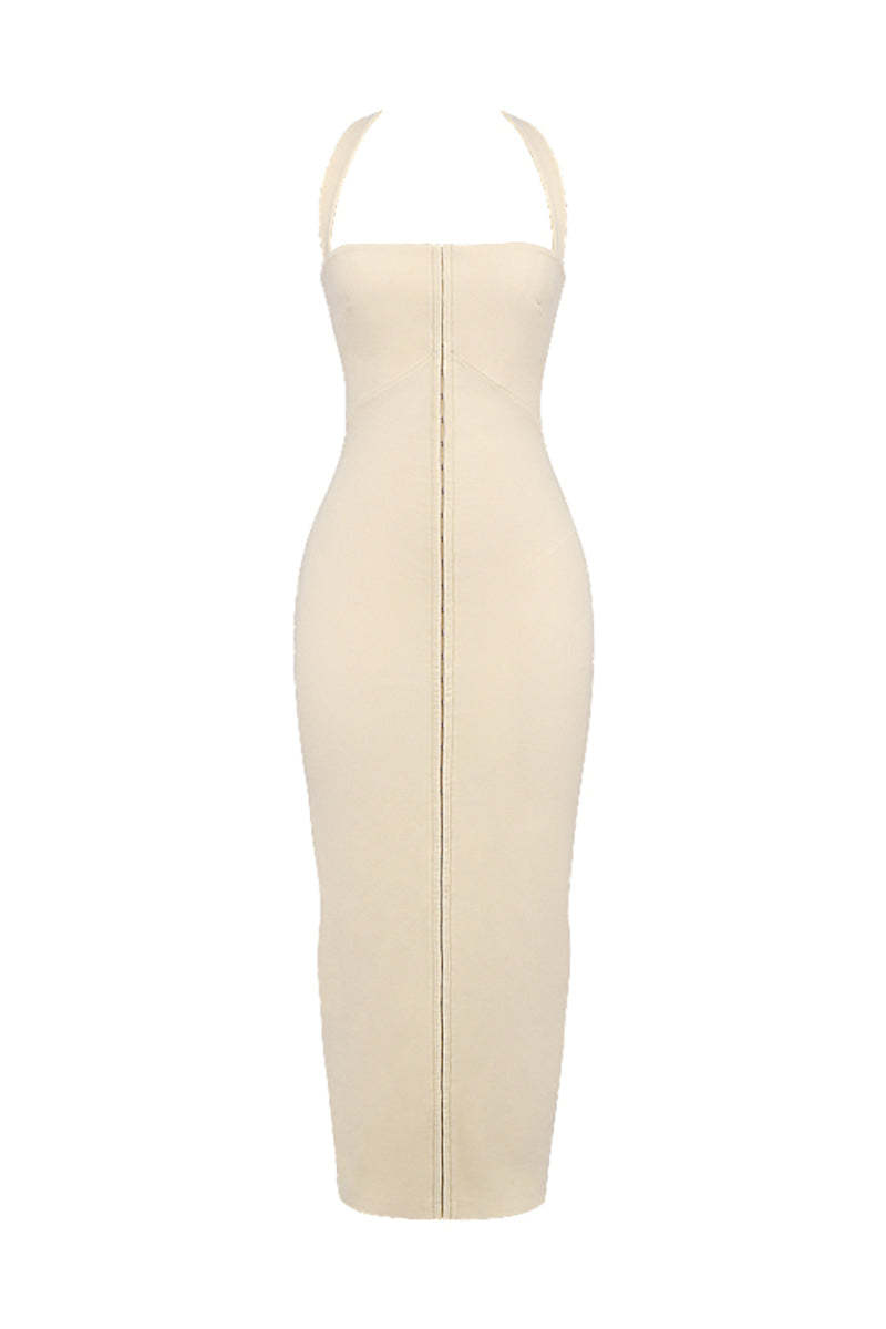 Halter Neck Backless Zipper Split Formal Party Maxi Dresses-Beige
