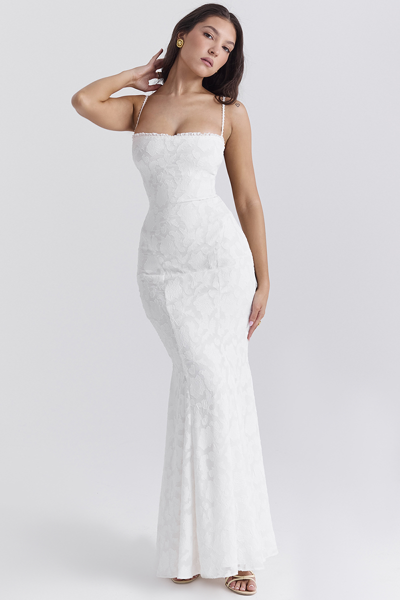 Jacquard Lace Back Lace Up Fishtail Hem Slip Maxi Dresses-White