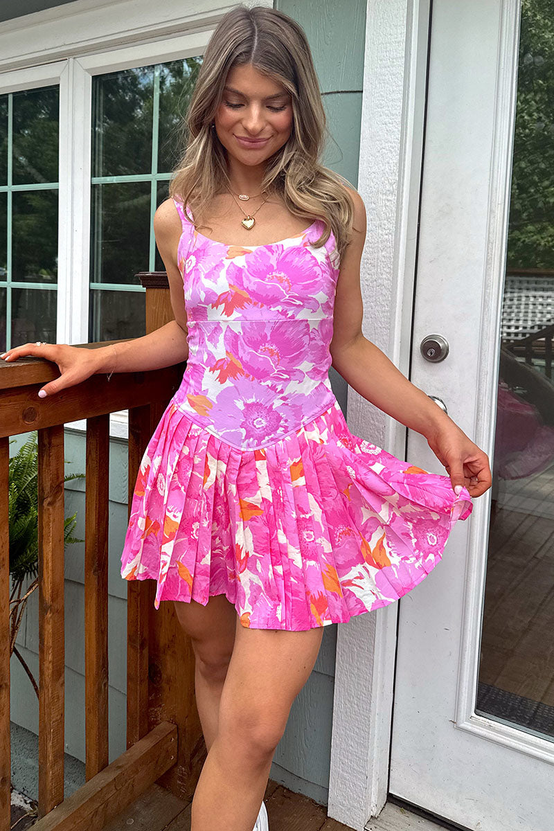 Floral Print Round Neck Pleated Vacation Mini Dresses-Fuchsia Pre Order