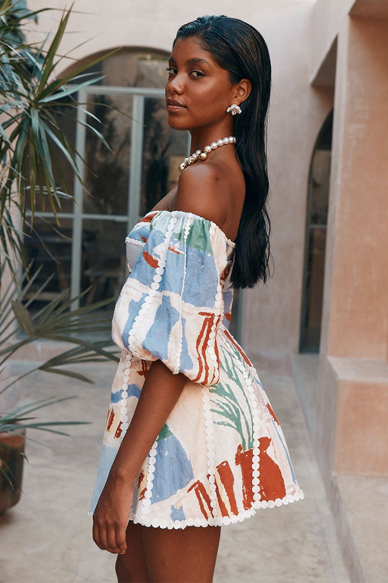 Painting Print Off Shoulder Puff Sleeve A-Line Mini Dresses-Beige