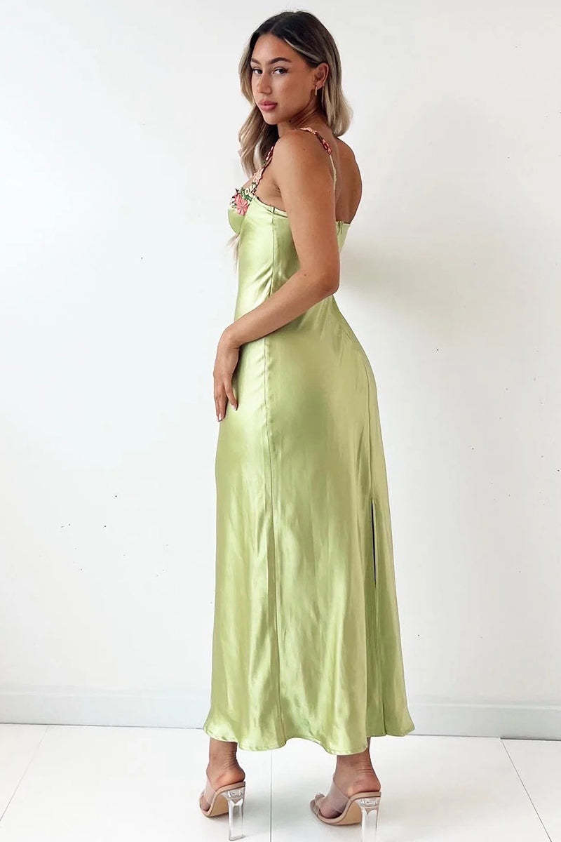 Embroidered Flower Boat Neck High Slit Satin Slim Garden Party Slip Maxi Dresses