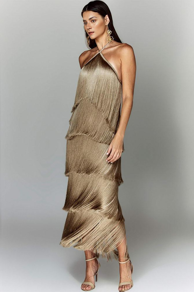 Tiered Fringed Sleeveless Halter Open Back Prom Party Maxi Dresses-Brown