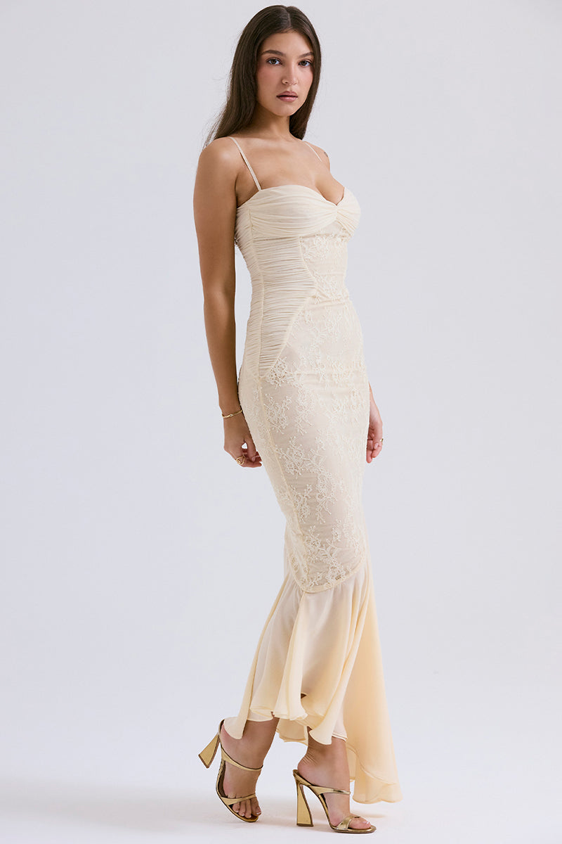 Lace Patchwork Bodycon Fishtail Hem Spaghetti Strap Chiffon Maxi Dresses-Beige