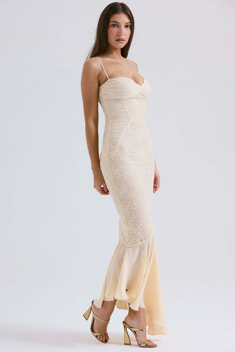 Lace Patchwork Bodycon Fishtail Hem Spaghetti Strap Chiffon Maxi Dresses-Beige