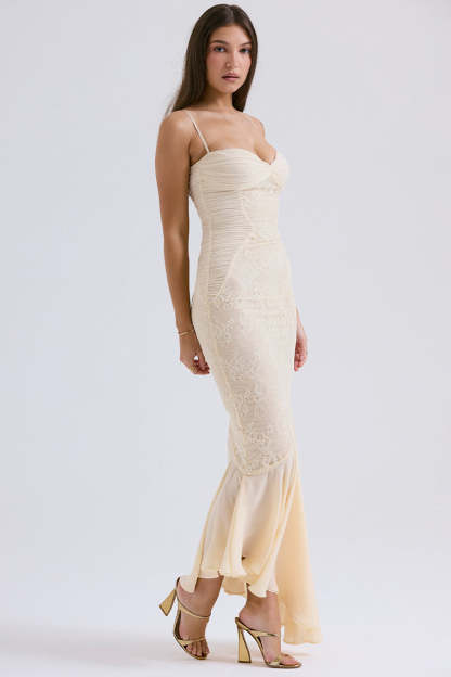 Lace Patchwork Bodycon Fishtail Hem Spaghetti Strap Chiffon Maxi Dresses-Beige