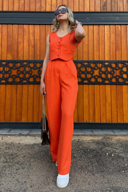 V Neck Button Up Vest Solid Color Pants Matching Set-Green