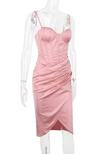 White Cami V Neck Ruched Corset Wrapped Pleated Bodycon Satin Evening Gown Midi Dresses