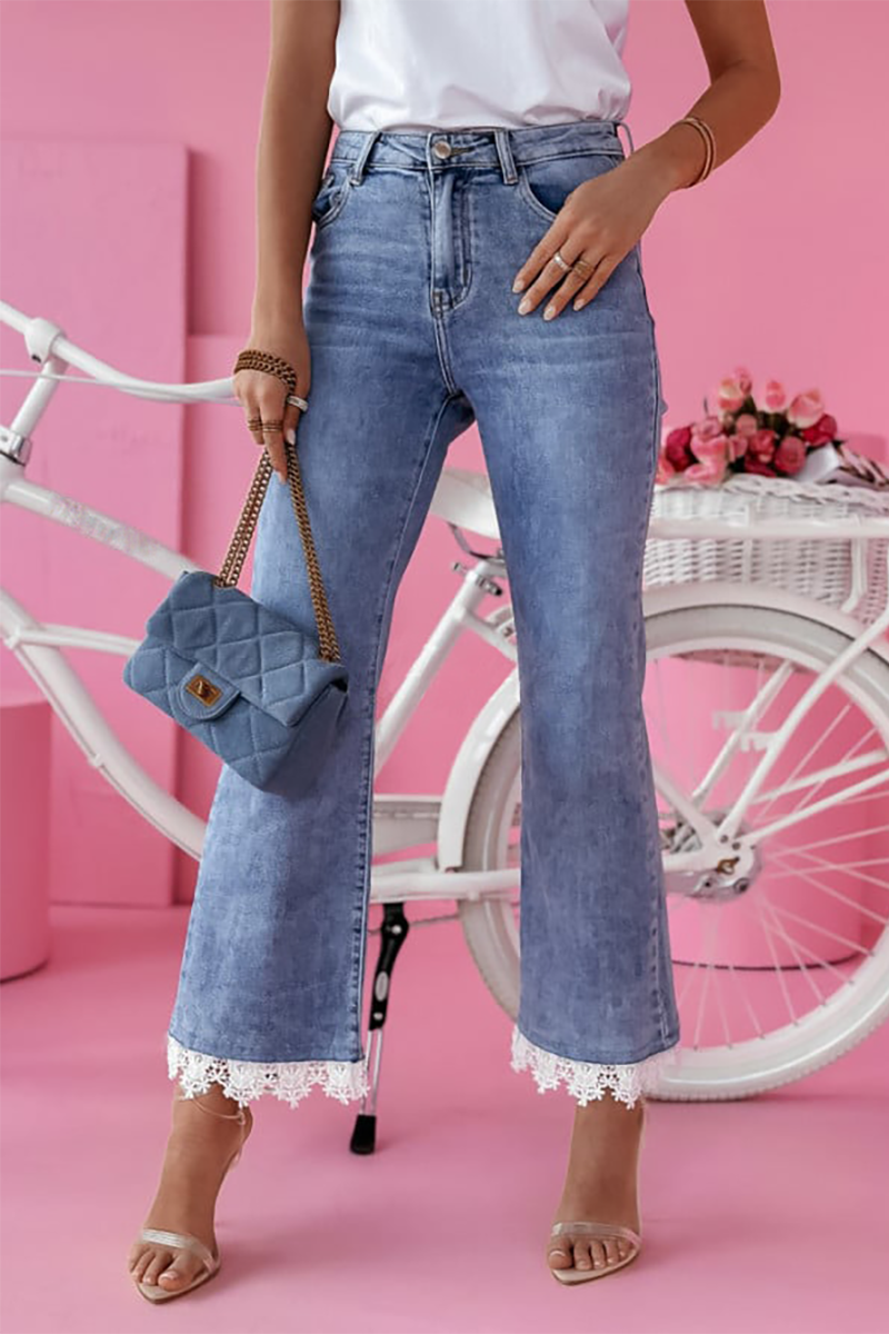 Denim Slim Fit Lace Trim Flared Leg Jeans-Blue
