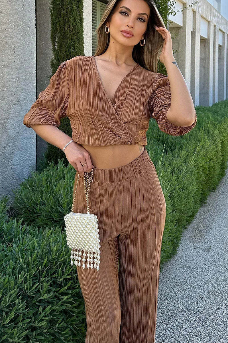 Haif Puffy Sleeve V Neck Tied Up Crop Top Straight Leg Pants Pleated Slim Matching Sets