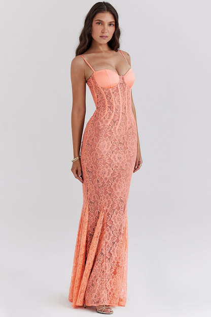 Floral Guipure Lace Corset Party Fishtail Maxi Slip Dresses-Coral