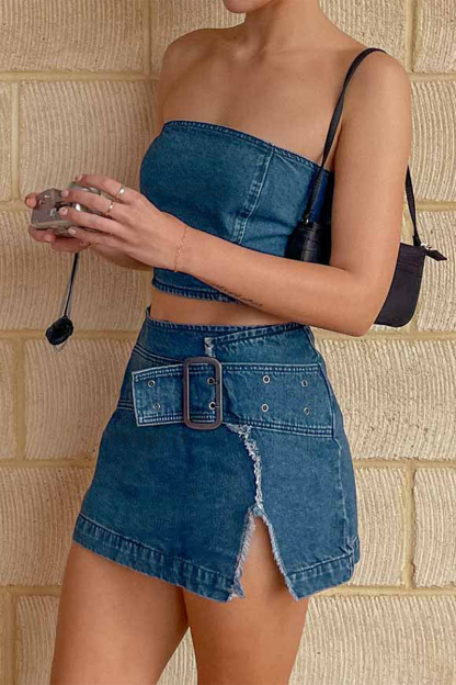 Denim Crop Tube Top Belt Buckle Slit Bodycon Mini Skirt Matching Set-Blue
