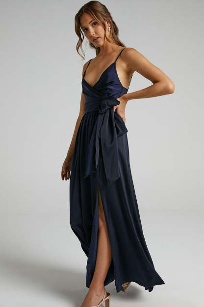 V Neck Knotted Split Gown Slip Maxi Dresses