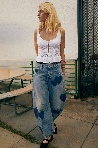 Colorblock Heart Pattern Denim Wide Leg Jeans-Blue