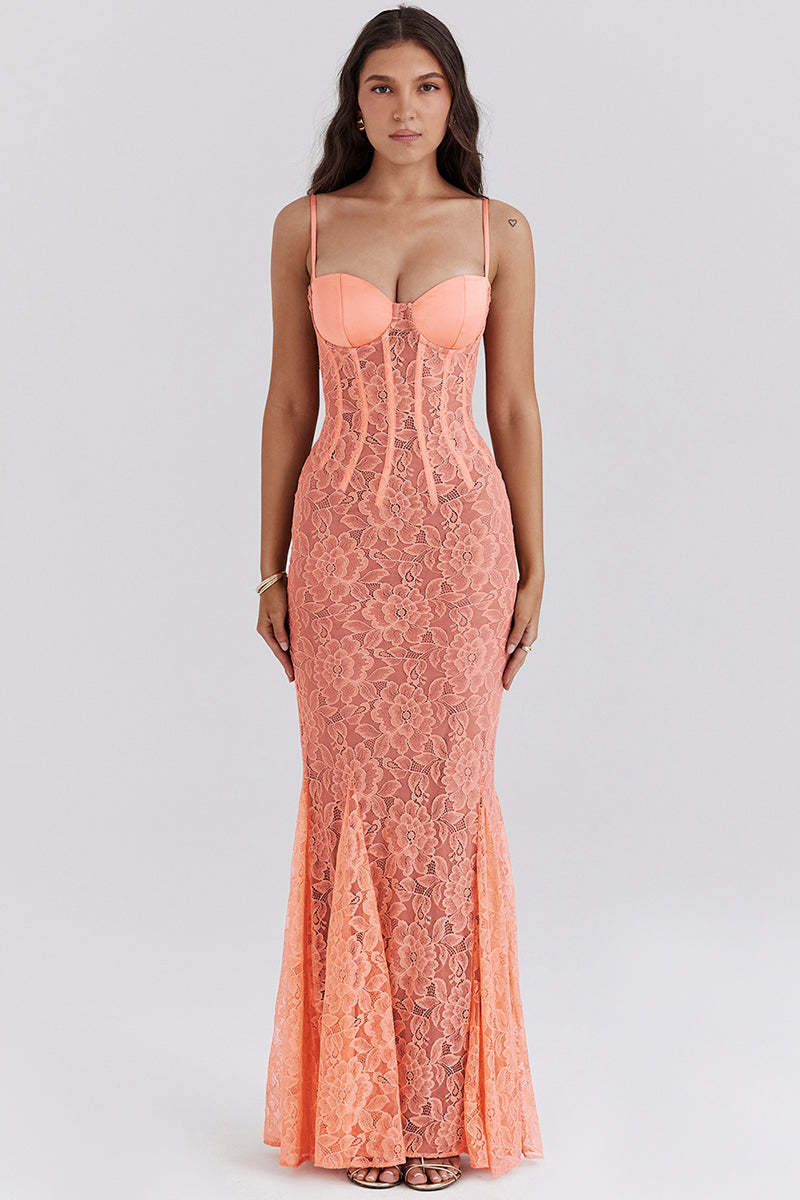 Floral Guipure Lace Corset Party Fishtail Maxi Slip Dresses-Coral