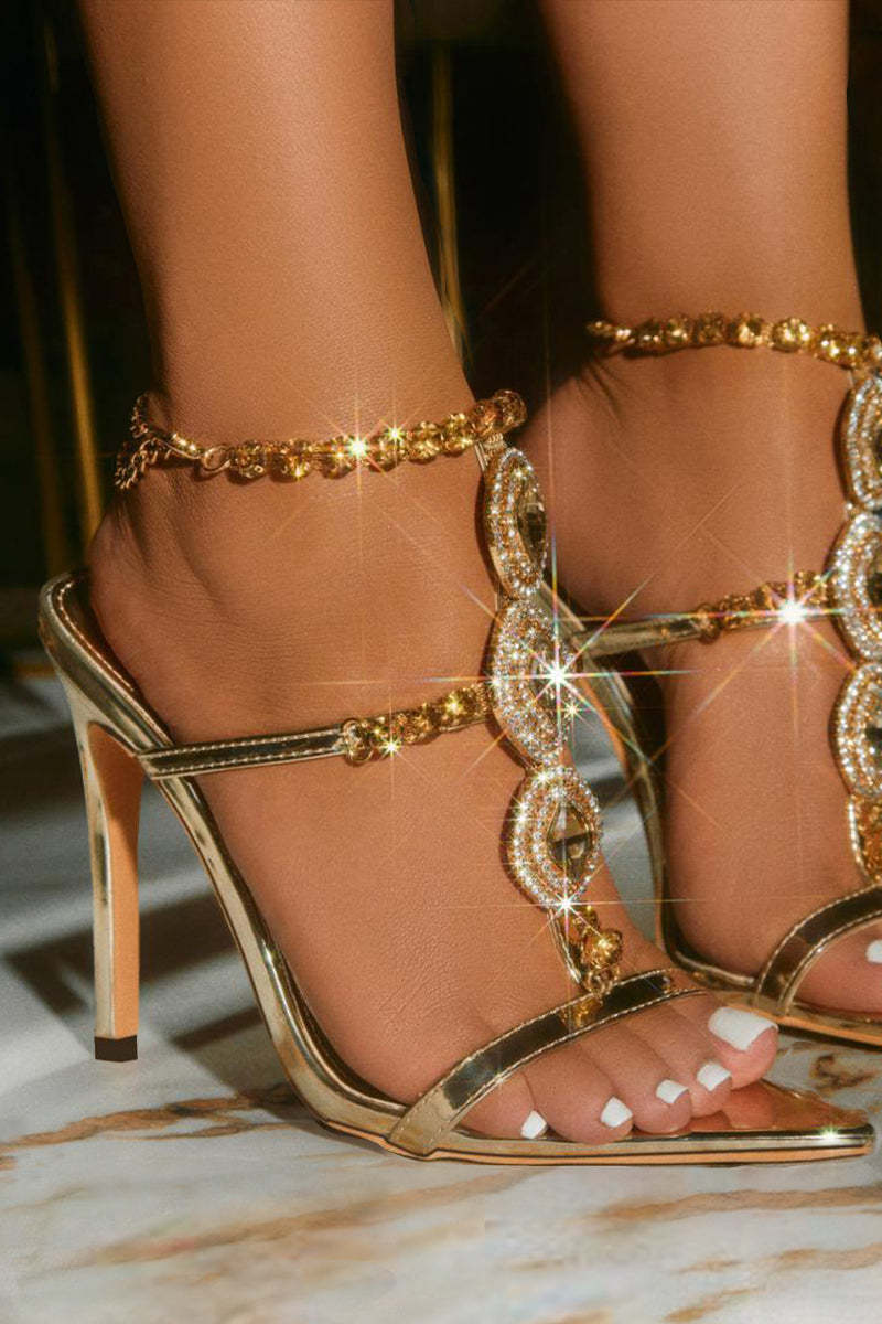 Sparkling Rhinestone Decor Ankle Strap Pointy Peep-Toe Stiletto Heels-Gold