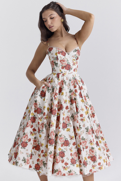 Floral Print Corset Spaghetti Strap Midi Dresses-White