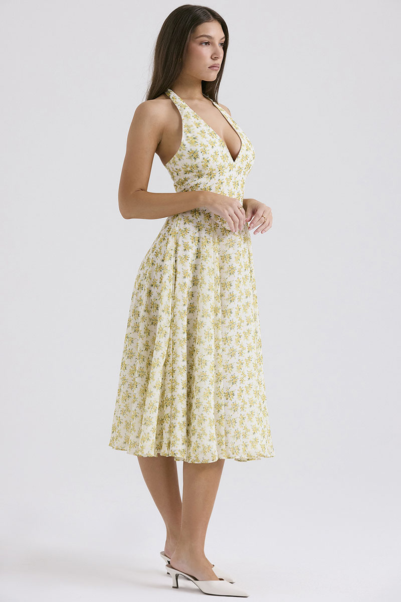 V Neck Halter Cinch Waist Floral Print Pleated Wedding Guest Midi Dresses-Yellow