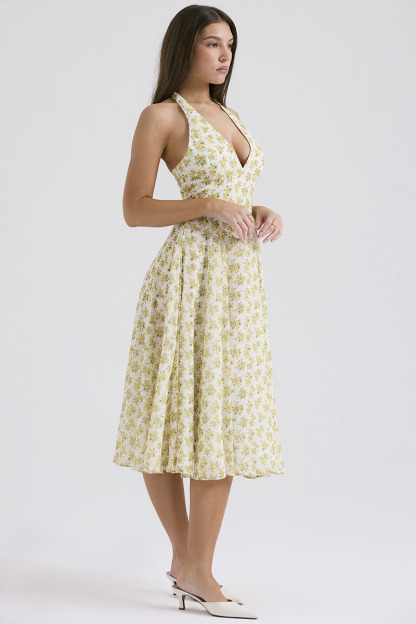 V Neck Halter Cinch Waist Floral Print Pleated Wedding Guest Midi Dresses-Yellow