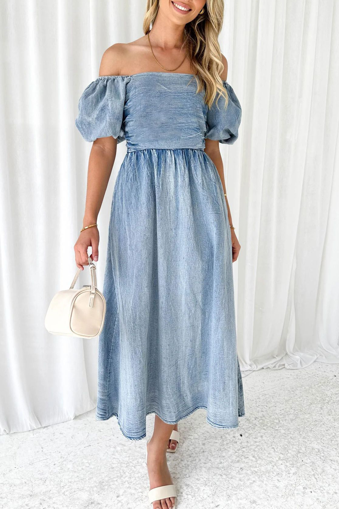Off Shoulder Puff Sleeve A-Line Denim Elegant Midi Dresses-Blue