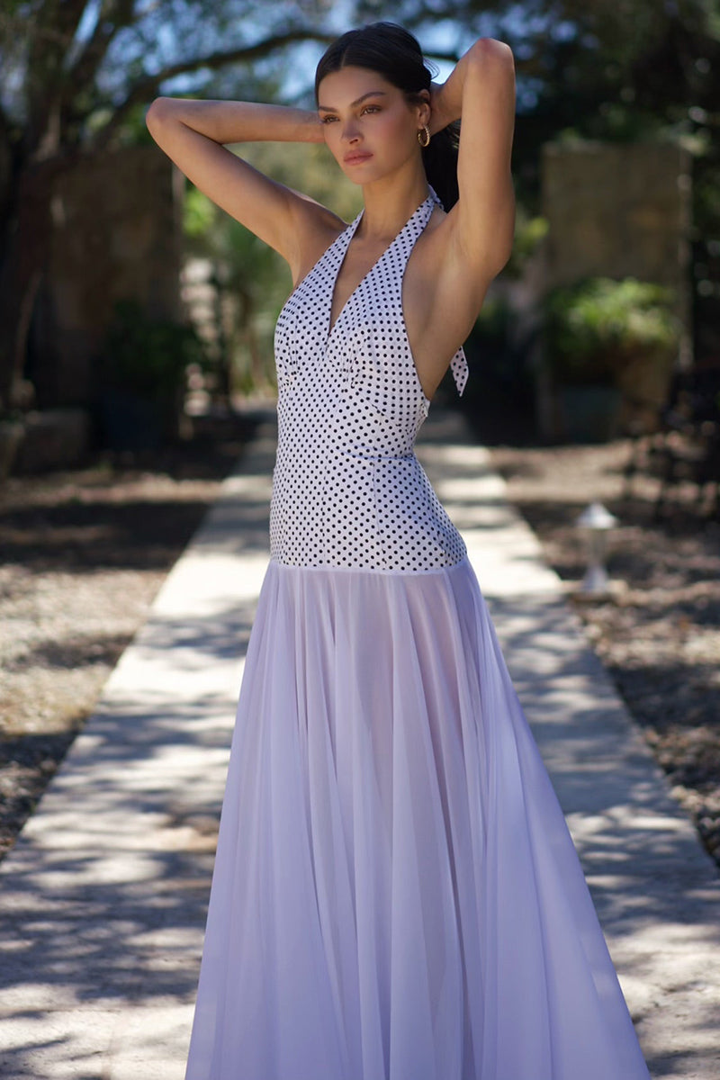 Halter V Neck Polka Dot Patchwork Party Maxi Dresses-Purple