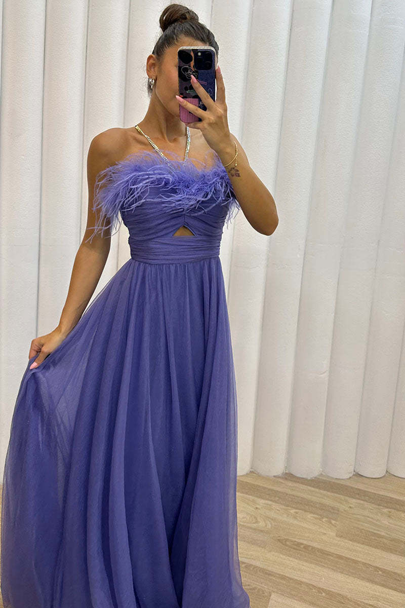 Feather Strapless Cut Out Evening Gown Tulle Maxi Dresses