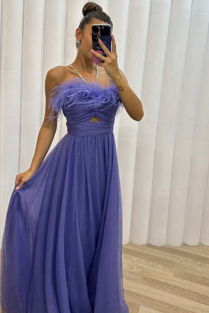 Feather Strapless Cut Out Evening Gown Tulle Maxi Dresses