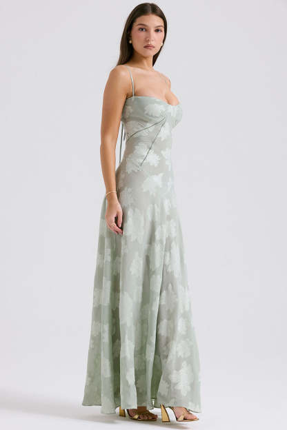 Elegant Floral Print Quilted Lace Up Back Formal Party Flowy Maxi Dresses-Green