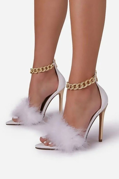 Feather Patchwork Peep-Toe Chain Stiletto Heels-White