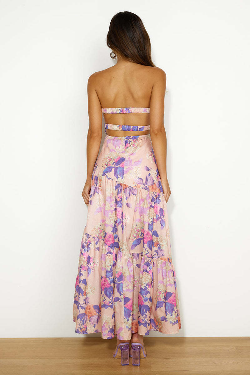 Boat Neck Backless Irregular Pleated Flowy Floral Print A-line Vacation Maxi Dresses