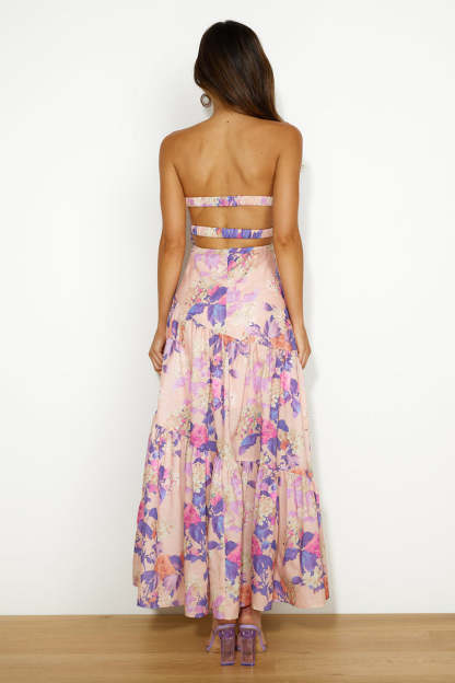Boat Neck Backless Irregular Pleated Flowy Floral Print A-line Vacation Maxi Dresses