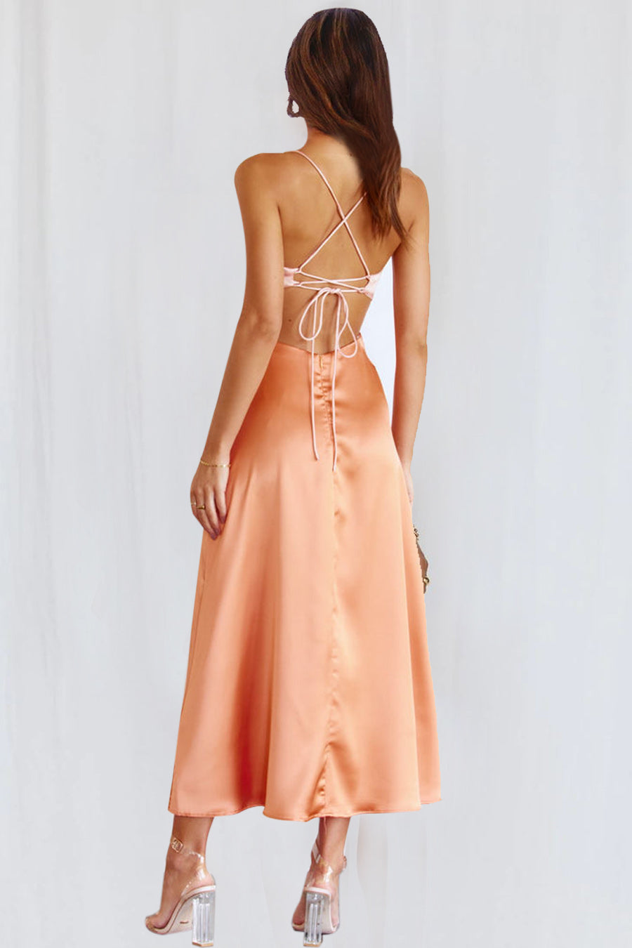 Crossover Back Evening Midi Dress - Pink/Orange