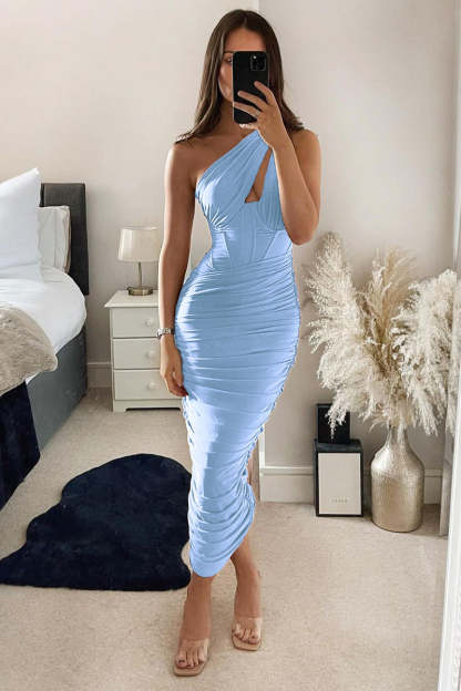 One Shoulder Front Cut Out Corset Ruched Party Midi Dresses