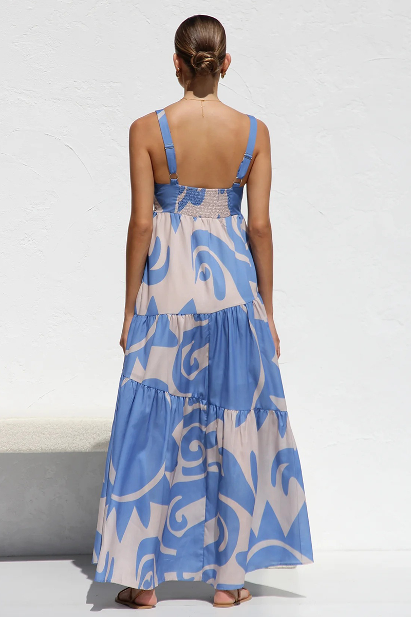 Graphic Print Thick Straps Boat Neck A-Line Vacation Maxi Dresses-Blue