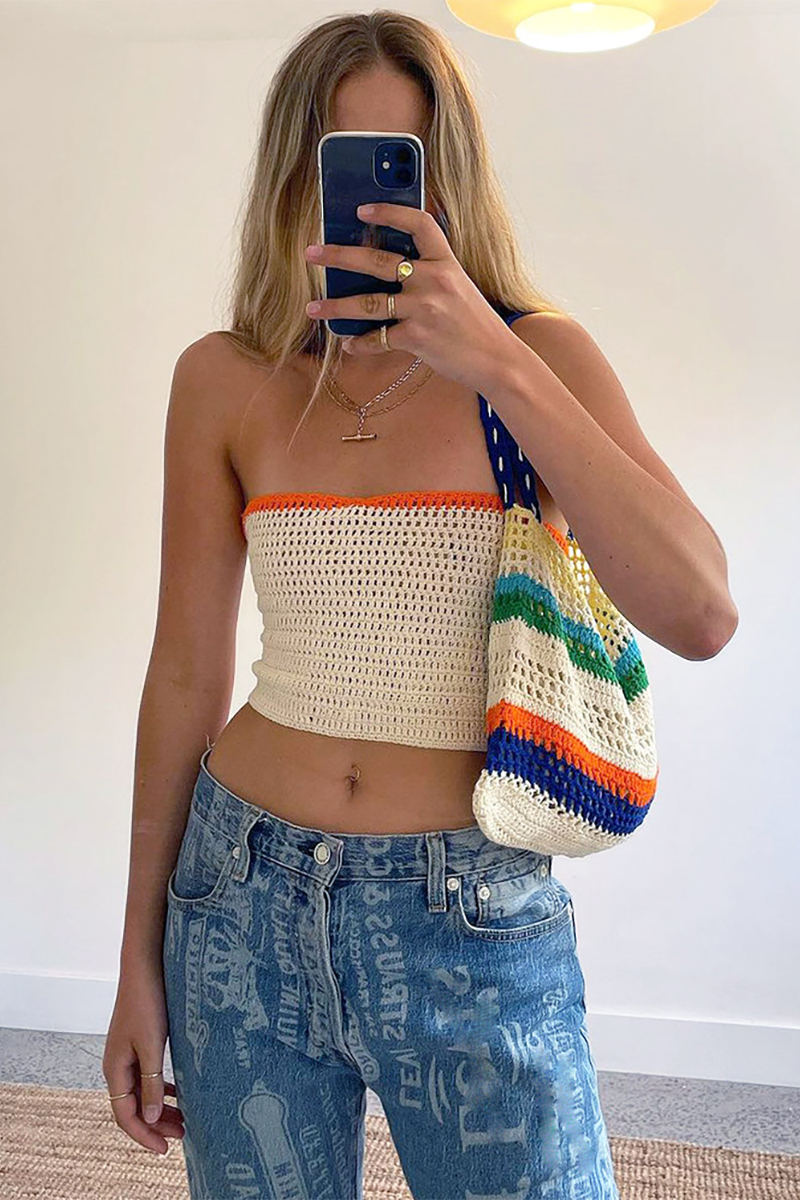 Crochet Colorblock Trim Crop Tube Top-Beige
