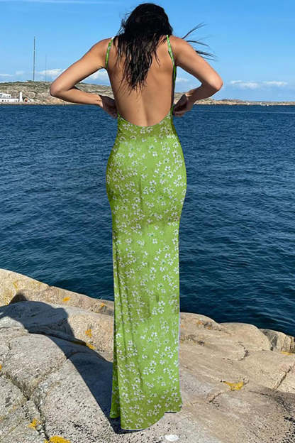 Floral Print Backless Square Neck Vacation Slip Maxi Dresses