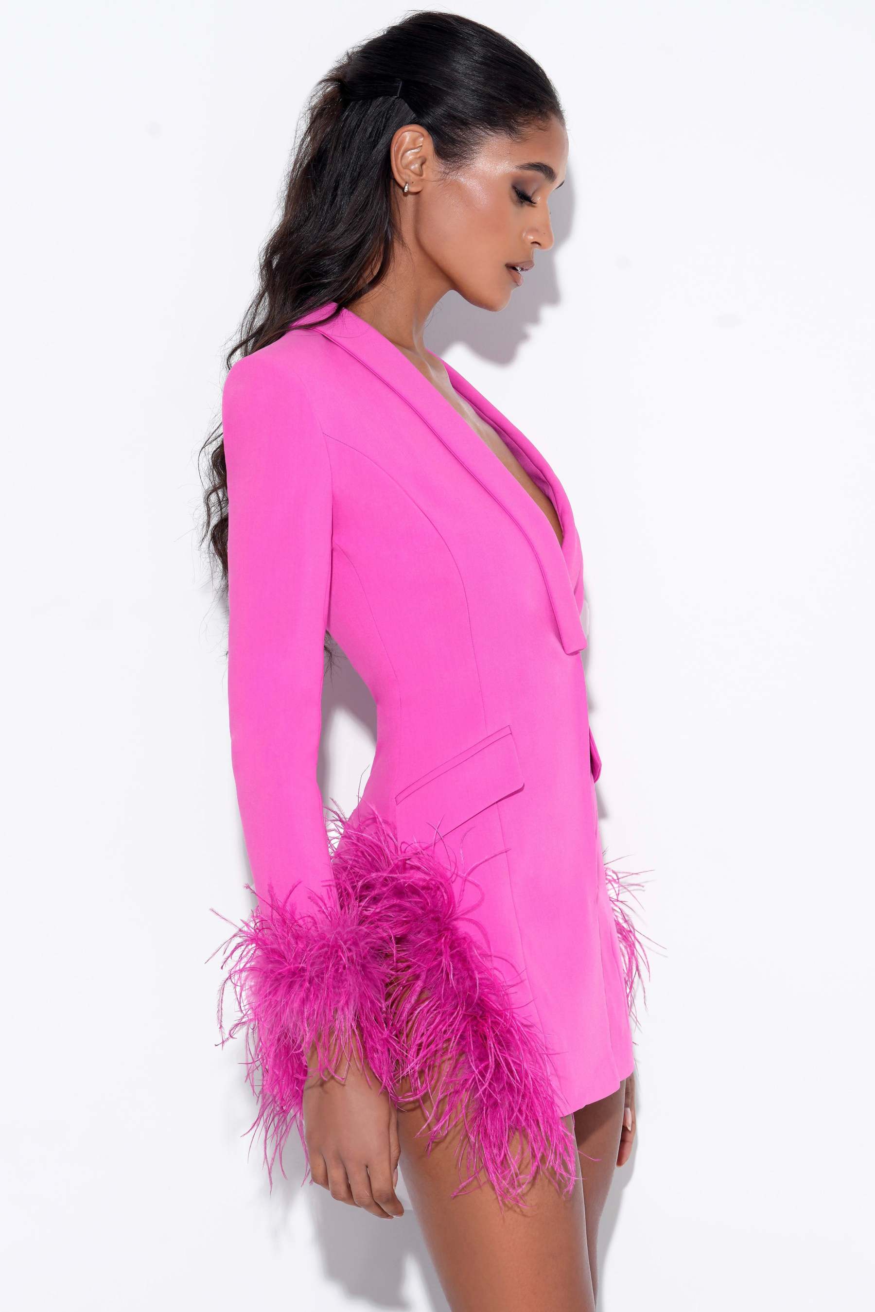 V Neck Feather Trim Blazer Party Mini Dresses