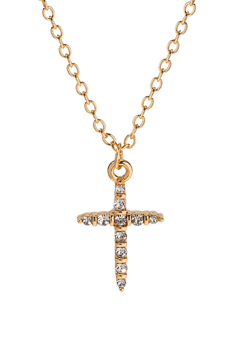 Rhinestone Cross Pendant Alloy Necklace-Gold