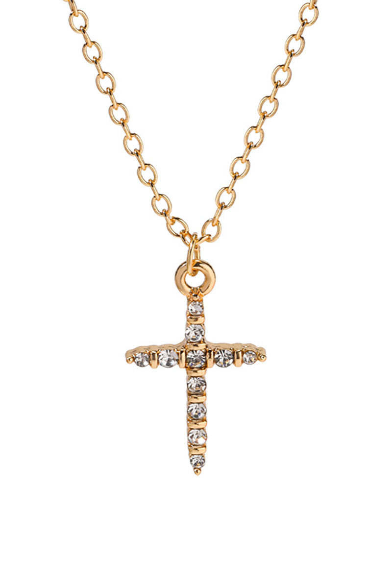 Rhinestone Cross Pendant Alloy Necklace-Gold
