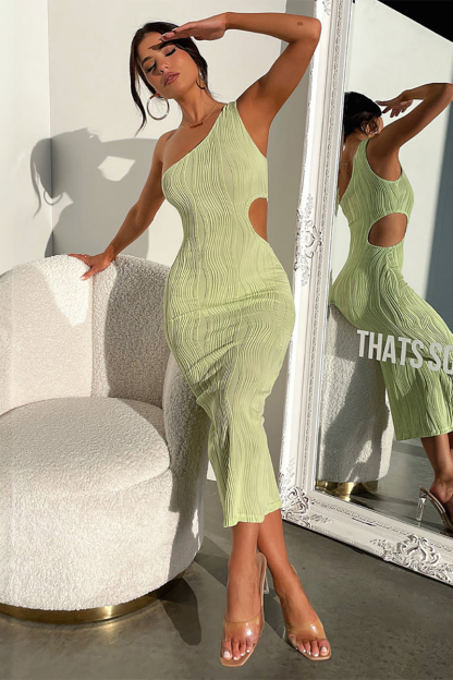 Sleeveless One Shoulder Cutout Slim Fit Textured Midi Dresses-White