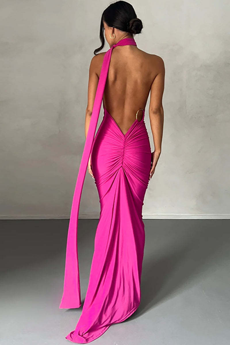 One Shoulder Sleeveless Sash Ring Decor Ruched Backless Elegant Evening Gown White Maxi Dresses