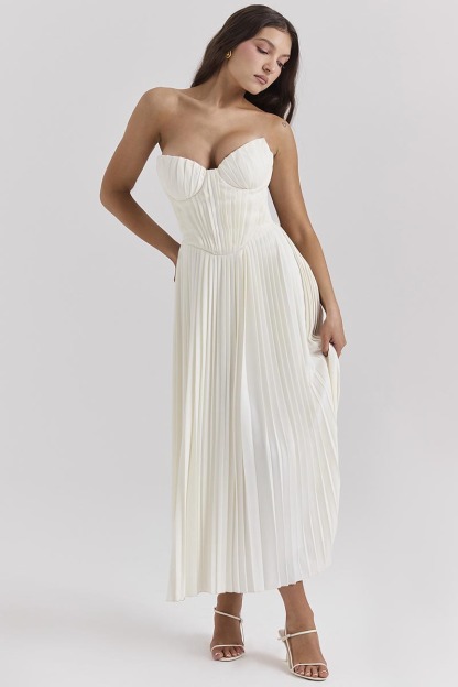 Strapless Corset Pleated Elegant Party Gown Midi Dresses-White
